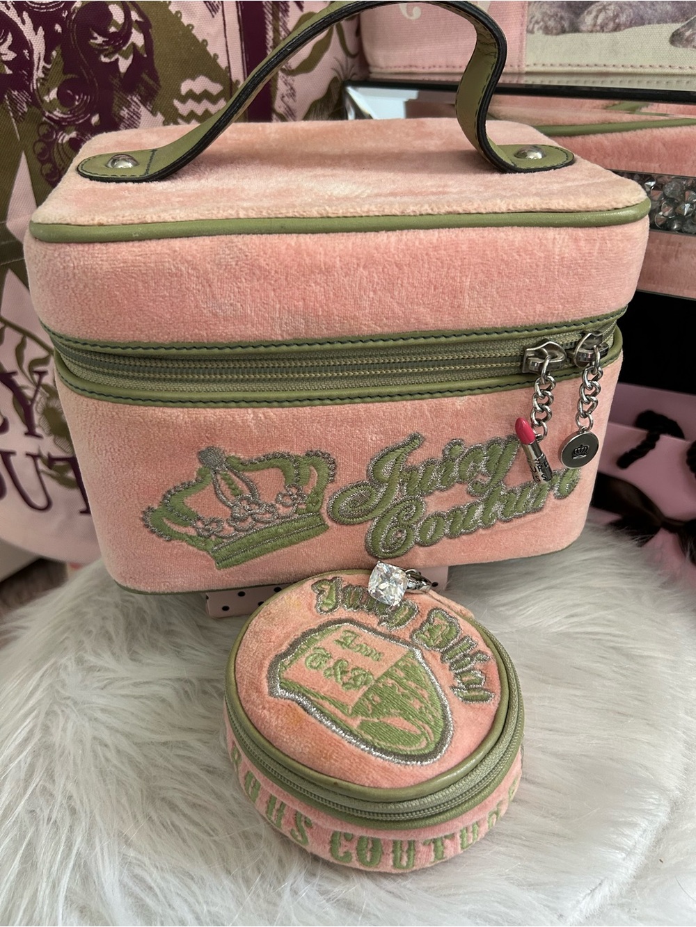Vintage Juicy Couture Pink Velour Green Logo Train Case Matching Jewelry Case